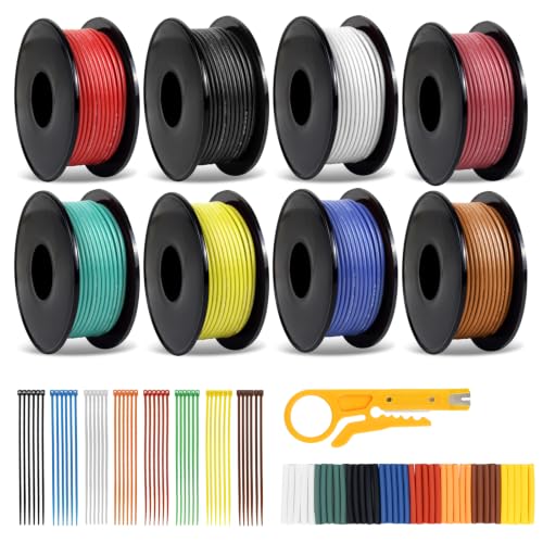 22 AWG Stranded Wire Spool, 16.5ft Each in 8 Colors - Silicone Electrical Tinned Copper Wire, 22 Gauge Flexible Hook Up Wire Kit for DIY, Automotive, Home, and Power Wiring