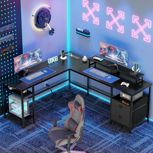 Image of Furologee 66 inch L Shaped Desk with Power Outlet, Reversible Computer Gaming Desk with File Drawer & 2 Monitor Stands for Home Office with Storage Shelves, Black