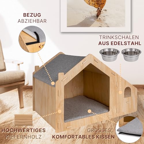 growpile Katzen- und Hundehäusschen aus hochwertigem Kiefernholz mit 2 Trinkschalen aus Edelstahl, zum selbst bemalen und bekleben mit Holzbuchstaben, incl. Acrylfarben