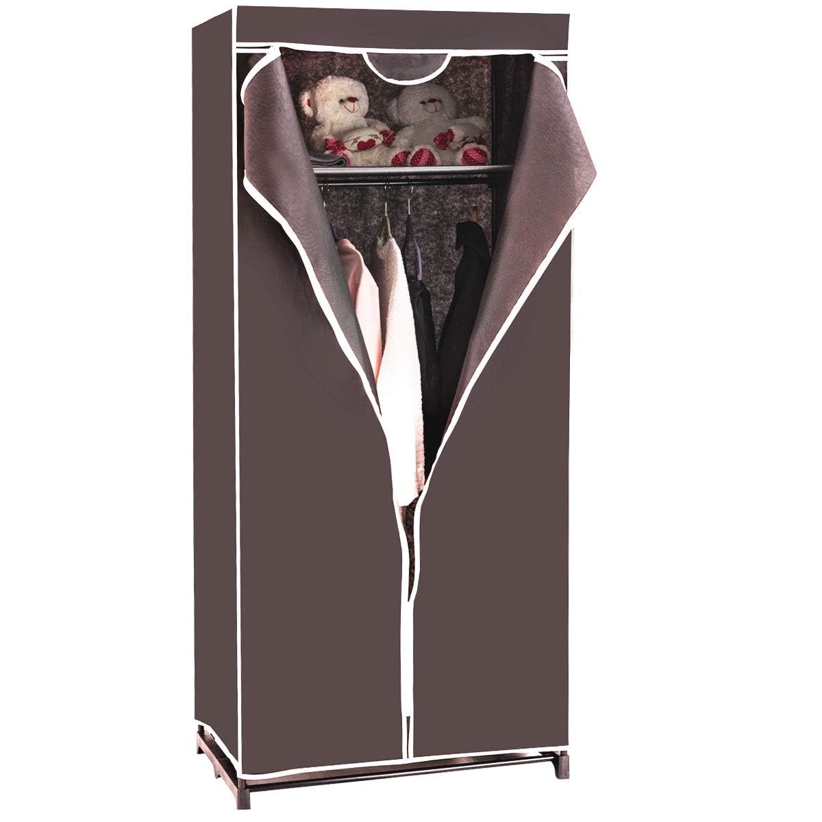 FANTASK Penderie en Tissu avec Tringle à vêtements et étagère - Armoire Pliante en Tissu - pour Salon, Chambre à Coucher, Cave - 74 x 50 x 172 cm - Marron