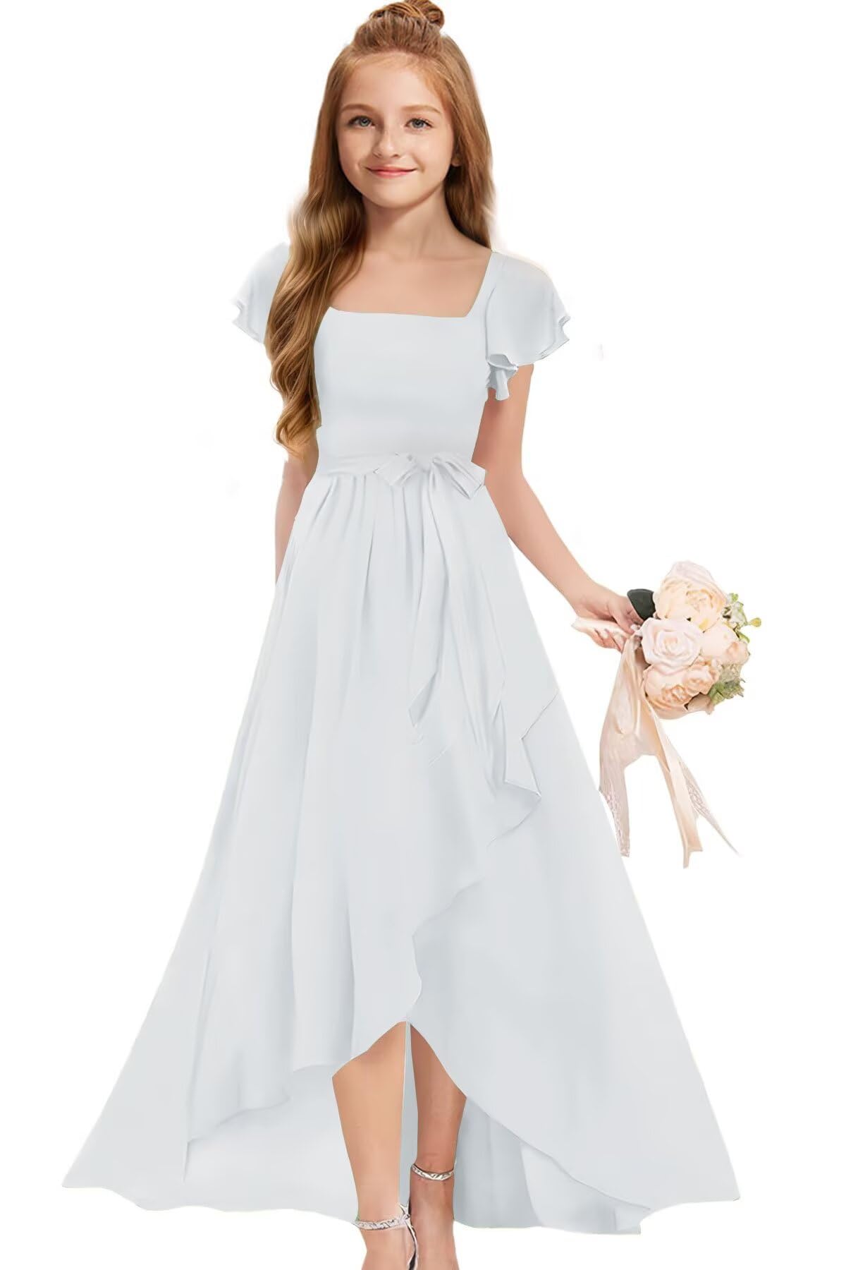 MRHUSH Junior Bridesmaid Dresses for Teen Girls Formal Dress Short Sleeve Chiffon Flower Girl Dresses for Wedding Party