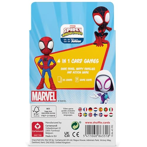 Cartamundi Shuffle - Marvel Spidey & Friends 4-in-1 - Kartenspiele für Kinder (Mau Mau, Quartett, Memo & Schnipp Schnapp)