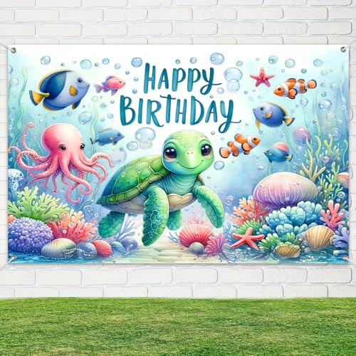 Image of HOMETITUTE Happy Birthday Banner Under The Sea Backdrop 120x84 Inch