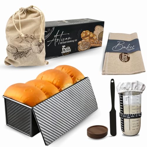 Petit Delice Bread Making Kit – 2lb Pullman Loaf Pan with Lid, 24oz Sourdough Starter Jar, Linen Couche, Bread Bag, Proofing Cloth – Sourdough Kit for Beginners