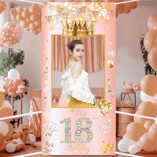 POPOYU 18th Birthday Decorations,Rose Gold Birthday Banner Party Photo Booth Props,Giant Fabric 18thBirthday Party Photo Booth Frame,Funny Large Selfie Frame for Girls Boys Birthday.Party Supplies