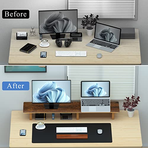 Image of Large Dual Monitor Stand Riser - Solid Wood Desk Shelf with Eco Cork Legs for Laptop Computer /TV /PC /Printers, Perfect Desktop Stands Organizer with Underneath Storage for Office Accessories,Vintage