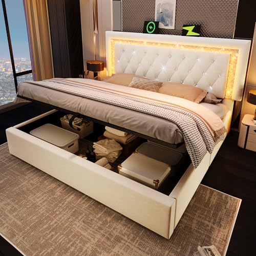 LAKFEW Cama 180x200 cm Camas Matrimoniales con Cabecero LED y USB, Cama Matrimonio con Almacenamiento Hidráulico y Lamas de Madera, Cama Doble Tapizada Moderna, Terciopelo, Beige, Sin Colchón