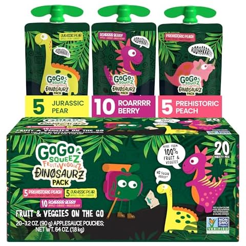 GoGo squeeZ Fruit & veggieZ Applesauce and Puree Variety Pack, Jurassic Pear, Roarrrr Berry & Prehistoric Peach, 3.2 oz (Pack of 20), Unsweetened Snacks for Kids, BPA Free Pouches Cover