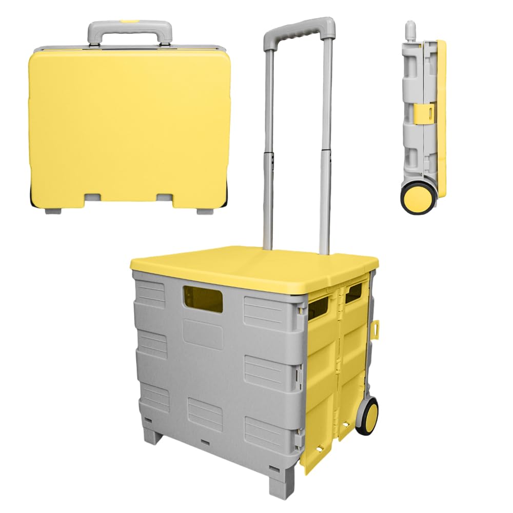 Berry 40KG Foldable Shopping Trolley, Plastic Trolley Cart with 2 Wheels and Lid, Portable Cart with Telescopic Handle, Multipurpose Utility Cart for Shopping, Teacher (Yellow & Grey)