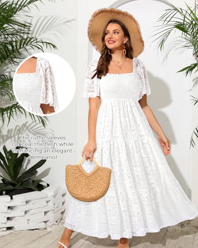 Image of Plus Size Wedding Dress Bride Boho Lace Formal Square Neck Ruffle Sleeves Long Dresses for Curvy Women