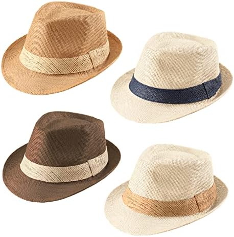 Forwe 4 Pack Straw Fedora Hat for Men Women Short Brim Trilby Hat Classic Panama Summer Beach Sun Hat (B-01)