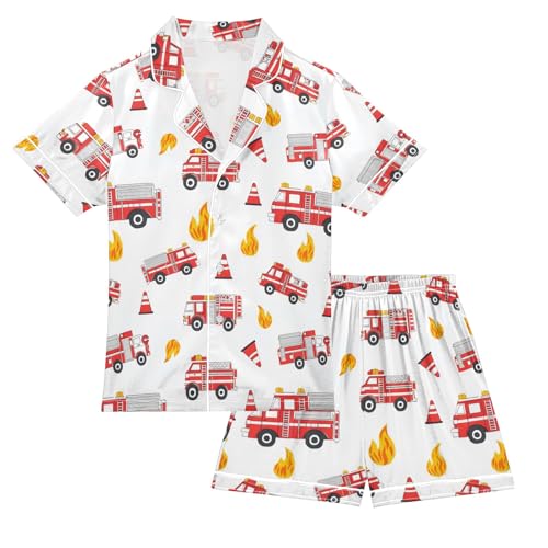 Cartoon Cute Firetruck Summer Satin Pajama Set, Cute Button-Down Sleepwear Pj Set for Sleep Wears