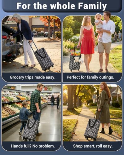 Image of Rolling Shopping Bag, Small Shopping Cart with Wheels,Collapsible Portable Waterproof Tote for Market & Grocery Runs-Gift for Women & Seniors(Black)