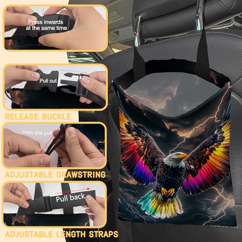 Image of Colorful Bald Eagle Car Trash Bag,Lightning Sky Strap Drawstring Car Garbage Bags,Car Back Seat Organizer with Adjustable Buckle for Car Accessories