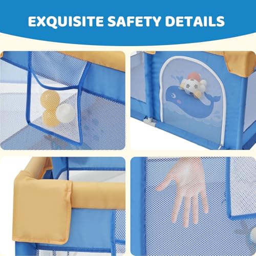 Image of 120 x 120 cm Small Playpen for Baby 6M-3Y, Baby Playard with Anti-Fall Grasp Rings & Safety Lock ((No Mat /No Ball, Non-Foldable)-Blue