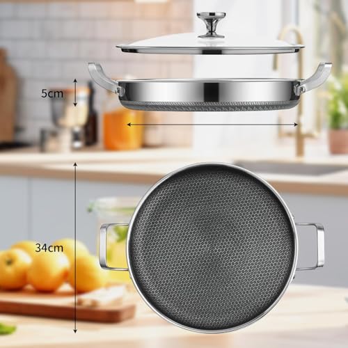 ALMEKAQUZ Stainless Steel Paella Pan, 34CM Paella Pan with Lid, Tri-Ply Nonstick Large Honeycomb Skillet, Stainless Steel Cookware, Induction Pan, Skillets for Outdoors, Camping, Parties