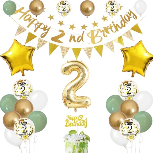 2nd Birthday Decoration for Boys Girls, Sage Green White Gold 2nd Birthday Balloons with Number 2 Balloon Happy 2nd Birthday Banner Cake Toppers Triangle Flag for 2 Year Old Birthday party Decoration