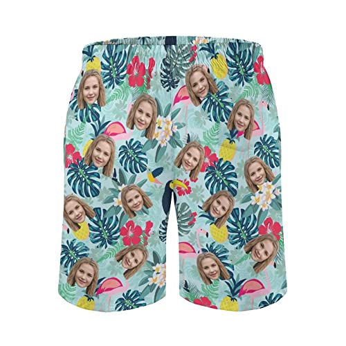 Custom Face Men's Stretch Swim Trunks with Flamingo Tropical Leaves Quick Dry Drawstring Elastic Trunks Beach Shorts3