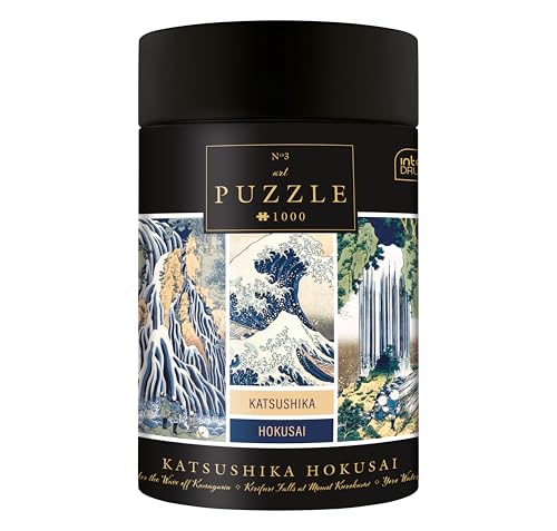 Interdruk Puzzle de 1000 pièces pour Adultes, Katsushika Hokusai La Grande Vague et Cascades, Art Japonais Ukiyo-e dans Un Tube Cadeau Rond