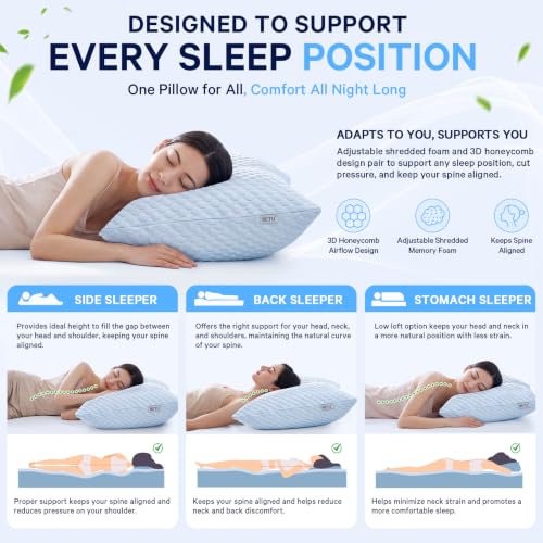 Image of BETU Cooling Pillow Queen Size Set of 2, Breathable Shredded Memory Foam Cool Pillow for Hot Sleepers, Adjustable Soft Support Pillows for Side, Back, Stomach Sleepers, 3D Honeycomb Breathable Cover
