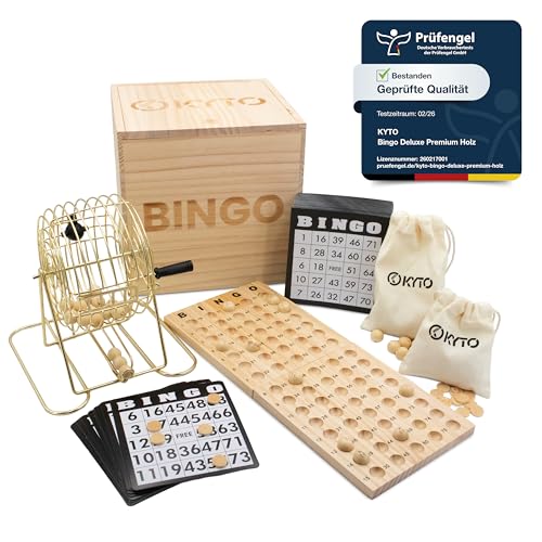 Kyto Bingo Spiel Deluxe Set Gold Metall Trommel & Holzbox 75 Kugeln 150 Chips 18 Wiederverwendbare Bingokarten + 500 Stift-Karten Gesellschaftsspiel für Familie Party & Senioren
