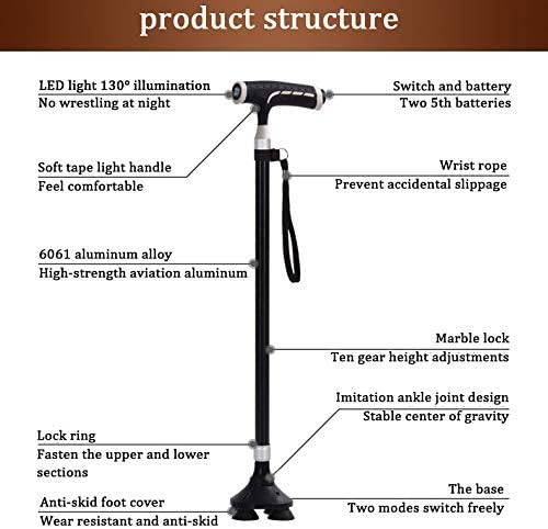 Aluminum Alloy Old Man Crutches LED Lamp Four Feet Multi-Purpose Elderly Crutches Ergonomic Cane Non-Slip Forearm Crutches Metal Cane Adjustable Walker Crutches