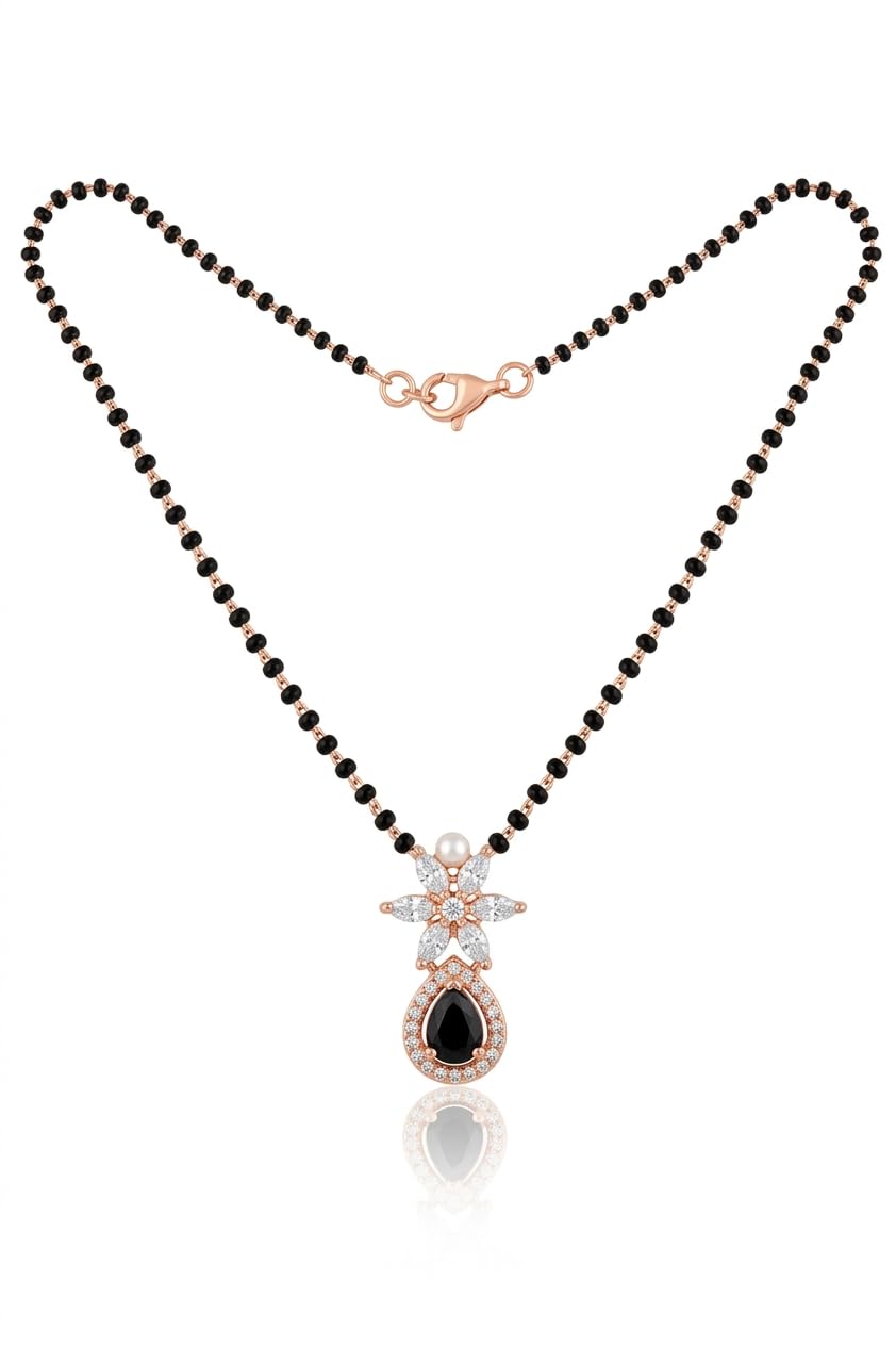 Rose Gold Plated American Diamond Mangalsutra for Women | Floral AD Pendant with Black Teardrop Stone & Short Black Bead Chain for Daily and Office Wear-image-43