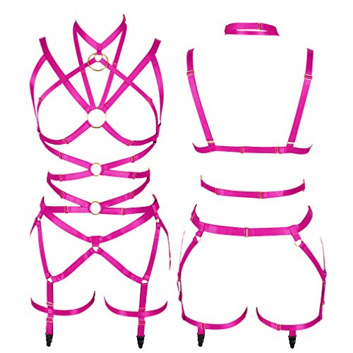 Women's Punk Harness Body Full Strappy Waist Belts EDC Dance Rave Wear (Rose Red)