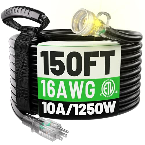 POWGRN 150FT 16 3 Outdoor Extension Cord Waterproof Flexible 3 Prong Cold Weatherproof Extension Cord 10 AMP 1250W Black ETL
