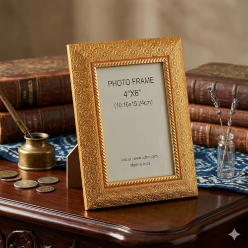 Image of Vintage Gulley Photo Frame 4x6 Inch with Stand |Horizontal Gold Design Table Top Picture Frame | Retro Decorative Frame for Home, Office Desk & Gift
