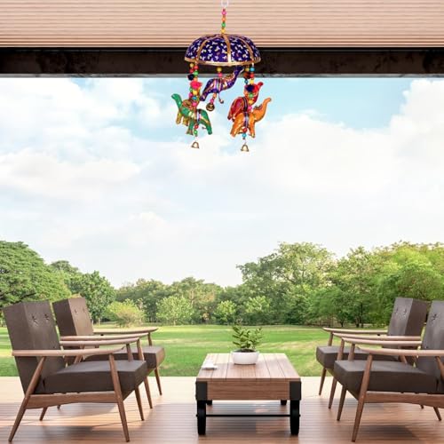 Image of Rajasthani Multicolor Elephants Jhoomer with Bell - Decorative Wind Chimes for Door & Wall Hanging, Ideal Home Decor & Gift Showpiece (Blue)