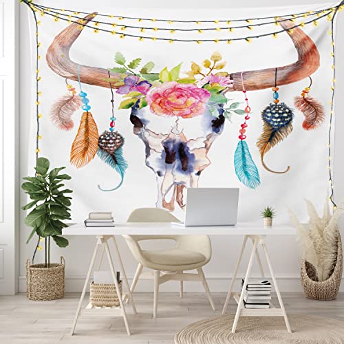 Ambesonne Feather Tapestry, Watercolor Style Bull Skull Ornaments Vibrant Image, Wide Wall Hanging For Bedroom Living Room Dorm, 80" X 60", White Brown #TOP6