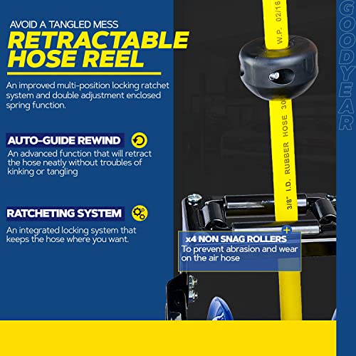 Image of Goodyear Air Hose Reel Retractable 1 /2 inch Inch x 50' Foot Long Premium Commercial Driven Sbr Hose Max 300 Psi Reinforced Steel Construction Heavy Duty Retractable Spring Industrial Dual Arm and Pedestal