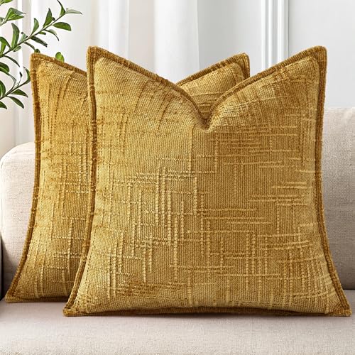 decorUhome Chenille Fall Throw Pillow Covers 16x16 Set of 2, Mustard Yellow by decorUhome - Used condition - US$19.56