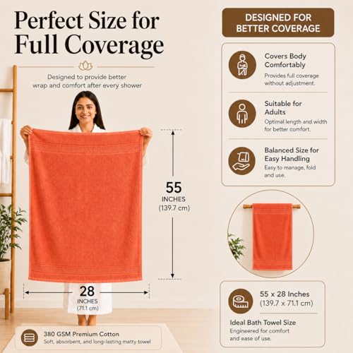 Image of 100% Pure Cotton Bath Towel for Men & Women | 380 GSM Ultra Soft, Highly Absorbent & Quick Dry Bath Towel | Large 55 x 28 Inch Matty Terry Towel for Bathroom, Gym, Travel & Daily Use | Rust