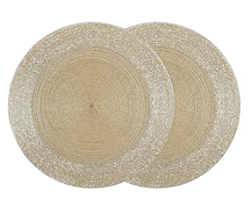 COTTON CRAFT Glitz Handmade Beaded Charger Placemats – Set of 2 – Halloween Harvest Autumn Fall Holiday Christmas Xmas Dining Celebration Festive Party Table Décor – 13.5 inch Round – Champagne
