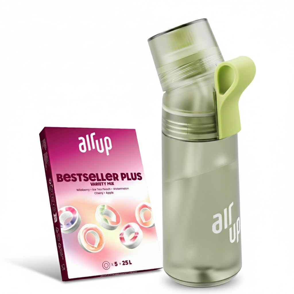 AIR UP Twist Pro oryginalny zestaw startowy z kapsułkami w 5 smakach I butelka na wodę o pojemności 600 ml z aromatem bez cukru, nadaje się do mycia w zmywarce, nie zawiera BPA I w kolorze zielonej