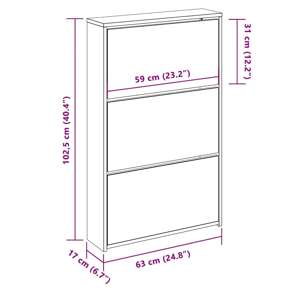 Zapatero con espejo, color gris hormigón, material de madera, 63 x 17 x 102,5 cm, 3 compartimentos, espacio de almacenamiento, para pasillo, salón, dormitorio, con estantes plegables para