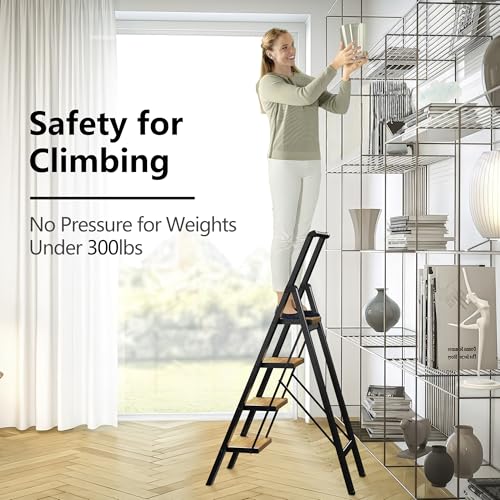 Image of SOLADDER Step Ladder 4 Step Folding Stool with Anti-Slip Widened Sturdy Pedal and Handgrip, Portable Lightweight Aluminum Ladder for Home,Kitchen,300 lbs Capacity-Black+Woodgrain