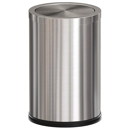Basurero de acero inoxidable plateado, cubo de basura con tapa, pequeño bote de basura con tapa abatible, 2.4 galones, botes de basura para baño,
