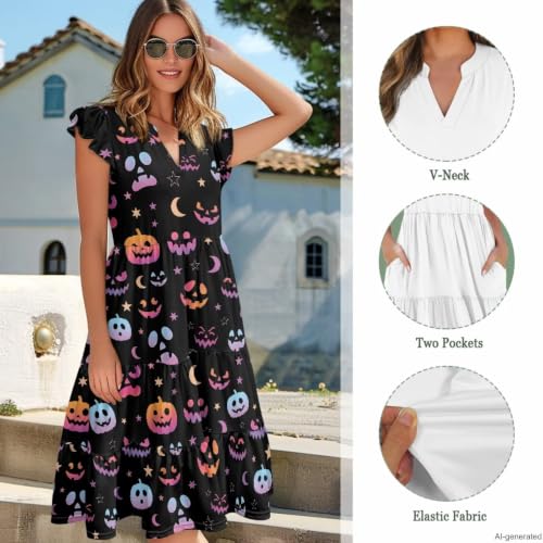 Image of Women's Casual Ruffle Sleeve Dress V Neck Pullover Dress Flowy A-Line Pleated Lightweight Dress with Pockets
