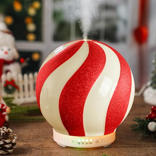 Rossesay Christmas Essential Oil Diffuser Gift 120ml Cute Ceramic Candy Cane Aromatherapy Humidifier Holiday Xmas Home Table Decor Peppermint Decoration for Home Office Christmas Stocking Stuffer