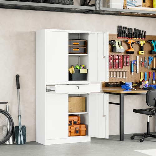 Image of Yizosh Metal Garage Storage Cabinet with Locking Doors and Adjustable Shelves, 71 inch Tool Storage Cabinet with 1 Drawer for Garage,Office,Warehouse (White)