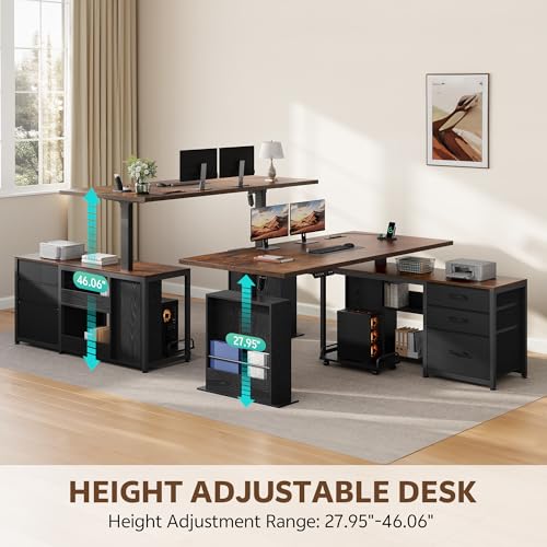 Image of 63 Inch L Shaped Desk with 3 Drawers Electric Standing Desks with Storage Computer Table Adjustable Height with Power Outlets 4 Memory Presets for Home Office, Rustic Brown