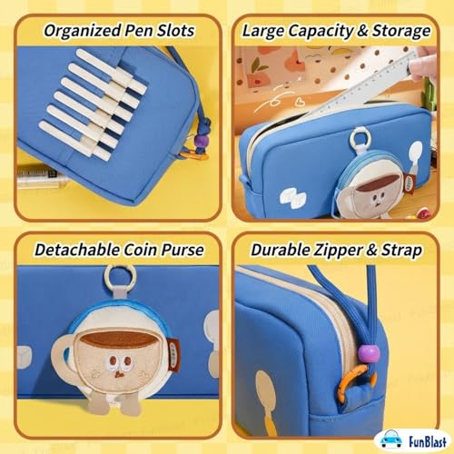 Image of FunBlast Pencil Pouch for Girls - Cartoon Pouch with Hanging Strap & Coin Pouch, Multipurpose Zipper Case, Aesthetic Pouches for Girl, Kawaii Pencil Case, Cute Pouches for Girls (Blue)