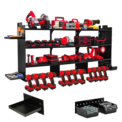 Large Power Tool Organizer Wall Mount, With Attachable Shelves - Garage Storage System, Heavy Duty 4-Tier Rack Holds 12 Drills – Screw Holder Accessories, Utility Shelf for Workshop Organization