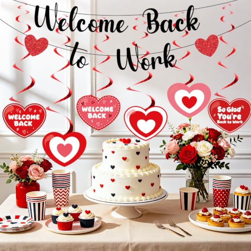 Image of Welcome Back To Work Decoration Banner So Glad You're Back To Work Banner and Hanging Swirls for Office Party Supplies - Black Red