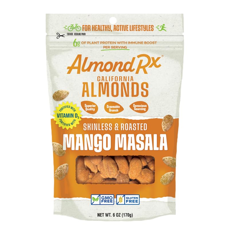 Image of AlmondRx | Heart Healthy Skinless Lightly Salted California Almond Snack Packs | Fortified with Vitamin D | Plant Protein | Keto | Vegan | No Sugar Added (6 Ounce (Pack of 1), Mango Masala)
