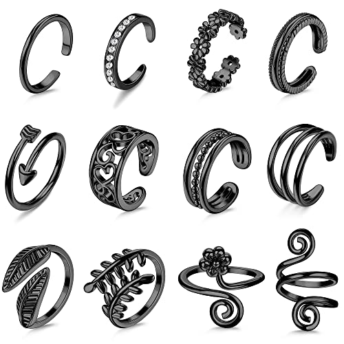 Sanfenly 12Pcs Adjustable Toe Rings For Women Gold Silver Black Open Toe Rings Set Flower Arrow Leaf Heart Cz Tail Pinky Band Rings Summer Beach Foot Jewelry Set #TOP28