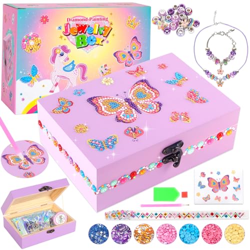 PinkSheep Cofre de joyería de madera DIY con collar, pulsera, pegatinas de gemas, cofre del tesoro pirata para pintar, cofres del tesoro, juego de manualidades para niñas (mariposa lila)